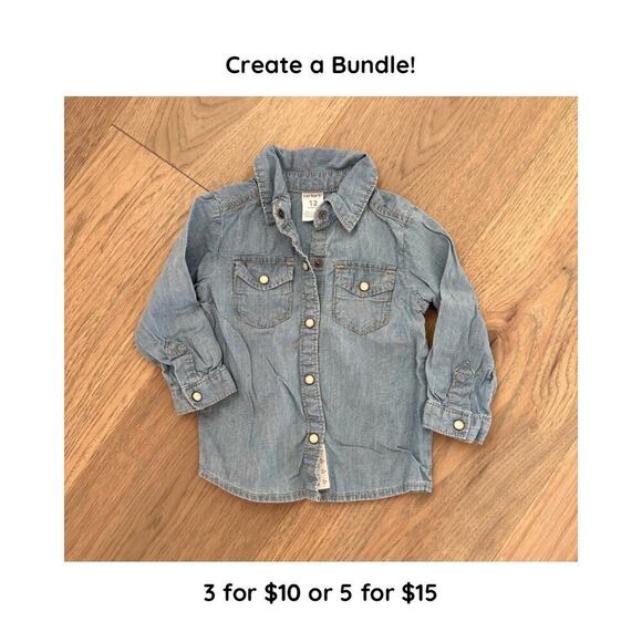 Carters Girls Light Wash Pearl Snaps Denim Long Sleeve Chambray Shirt Size 12M - Picture 1 of 8